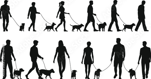 Dog walking people silhouette set, men and women with pets on leash, outdoor walking lifestyle collection, isolated black vector illustration