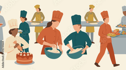 Bakers and pastry chefs preparing bread, cakes, and pastries in a kitchen