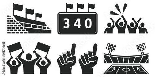 Sports Fan Icons, collection of stadium, scoreboard, flags, foam fingers, and cheering crowd silhouette vector graphics for events and games.
