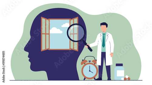 Doctor examining human mind for mental health and clarity illustration