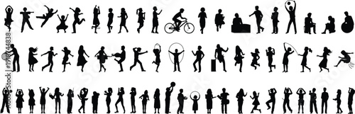 Children activity silhouette vector illustration, kids playing, jumping, dancing, cycling, hula hoop, skipping rope, sports motion, fun design, stock art