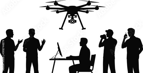Drone operator silhouette set, men controlling quadcopter with camera, aerial technology and remote control concept, black vector illustration isolated