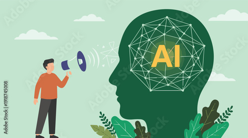 Human Communicating with AI: Man with Megaphone and Neural Network