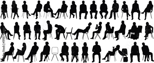 People sitting silhouette vector illustration, chair posture, body language, diverse seating positions, ergonomic study, human profile, stock art design