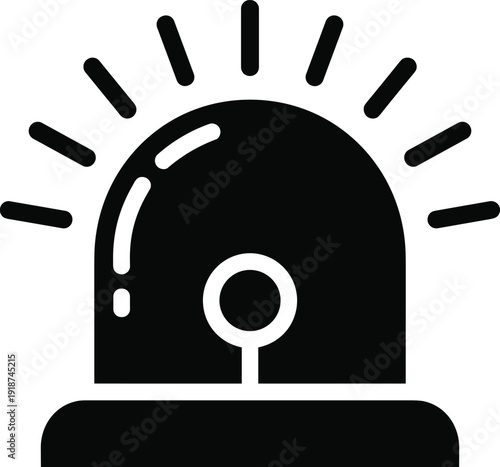 Emergency siren light silhouette icon, police alarm beacon with flashing rays, black flat vector illustration isolated on white background