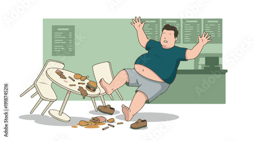 Overweight man falls at fast-food restaurant, spilling food and drinks