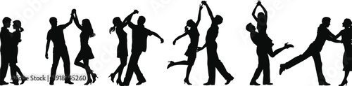 Couple dance silhouettes collection, diverse ballroom poses, romantic figures, expressive stances, graceful motion, vector illustration design, artistic performance, elegant rhythm