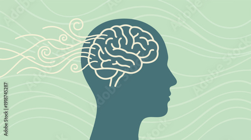 Abstract illustration of human head with brain and flowing thoughts