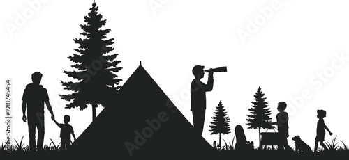 Family camping silhouette scene, father and children near tent and pine trees, outdoor adventure, hiking, picnic, nature travel vector illustration