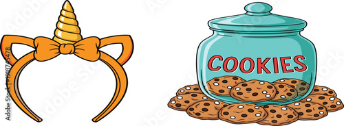 Cute Unicorn Headband and Cookie Jar Illustration Set Featuring Sweet Desserts, Fantasy Accessories, Kids Party Decor, and Playful Cartoon Style