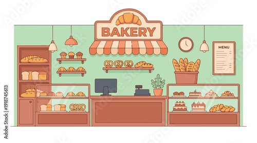Sweet bakery interior with fresh baked goods, counter, and display shelves