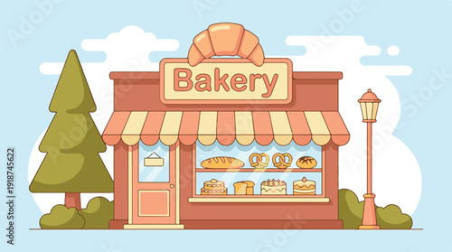 Cartoon Bakery Shop Front with Pastries, Bread, and Cakes Display