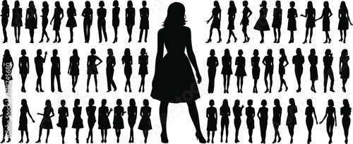 Elegant women silhouettes collection, diverse fashion poses, stylish female figures, modern outfit variety, graceful stances, vector illustration design, feminine elegance