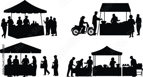 Farmers market silhouettes set, outdoor street food stalls, vendors and customers shopping, local produce fair, community marketplace illustration collection
