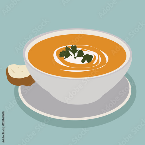 creamy pumpkin soup with toasted bread slices
