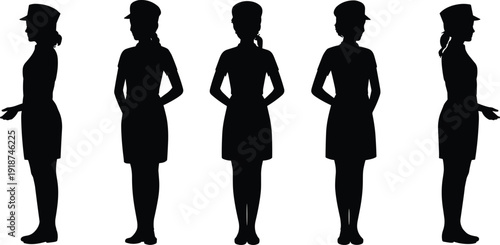 Female police officer silhouette set, woman security guard in uniform and cap, professional law enforcement, black vector illustration isolated