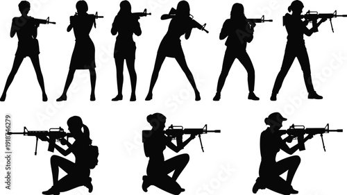Female soldier silhouettes with rifles in tactical poses, women military combat stance collection isolated on white background illustration set