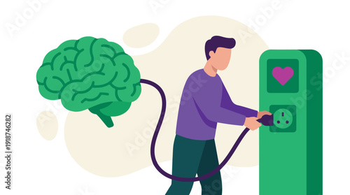 Man recharges his brain into a station symbolizing mental and emotional health