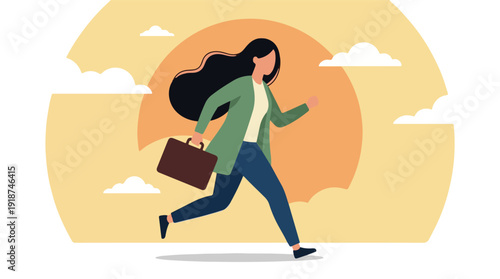 Energetic businesswoman running with briefcase, minimalist illustration