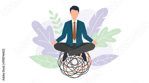 Businessman meditating in lotus pose, balancing on tangled thoughts