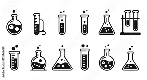 Laboratory Equipment and Chemical Flasks Icons, vector illustrations of test tubes, beakers, and scientific glassware for lab and research concepts.