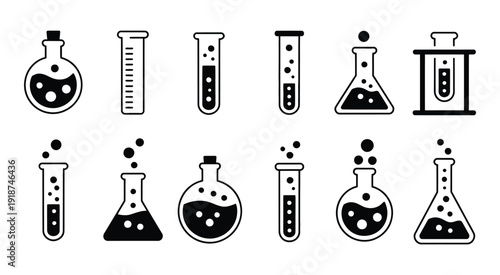 Laboratory Equipment and Chemical Flasks Icons, vector illustrations of test tubes, beakers, and scientific glassware for lab and research concepts.