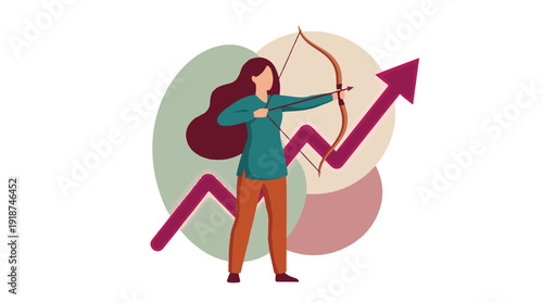 Woman archer aiming for business success and growth, reaching targets