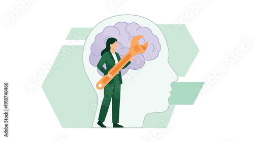 Woman adjusting brain with a wrench, symbolizing mental health and problem-solving