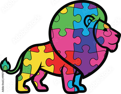 Autism Awareness Puzzle Lion Colorful Vector Illustration