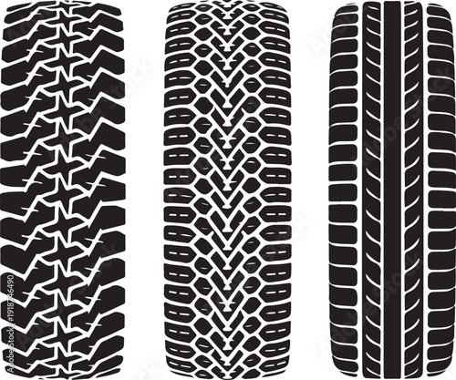 Three different car tire tread patterns on white background