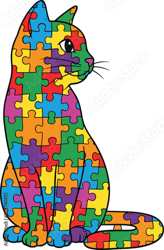 Autism Awareness Puzzle Cat Colorful Vector