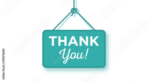 White 'Thank You!' text on a teal hanging sign with a rope, isolated on white