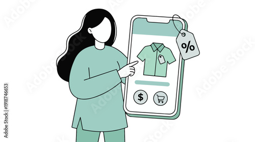 Online shopping concept with woman pointing at discount on smartphone