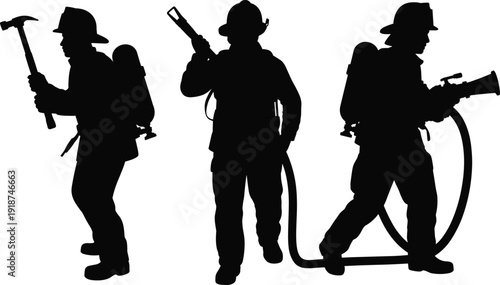 Firefighter silhouette set, emergency rescue workers with hose and equipment, brave firemen in action poses, isolated black vector illustration collection