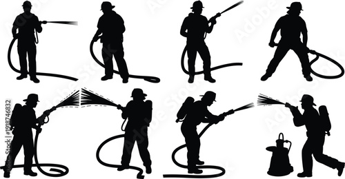 Firefighter silhouette set, fireman with hose and water spray action poses, emergency rescue service, black vector illustration isolated on white
