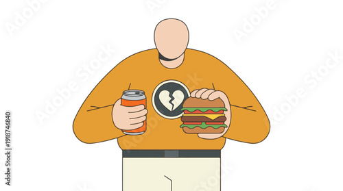 Emotional eating with unhealthy food choices and a broken heart symbol