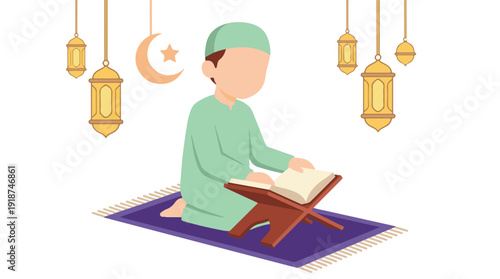 Islamic devotion: Muslim reading Quran on prayer mat with lanterns and crescent