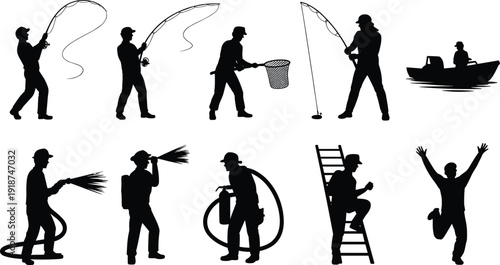 Fishing and outdoor worker silhouettes set, anglers casting rod, fisherman with net and boat, professional equipment operator isolated vector illustration