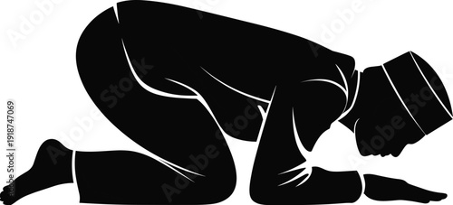 Muslim Man Praying Sujood Silhouette, Islamic Prayer Position Isolated on White Background Religious Worship Vector Illustration