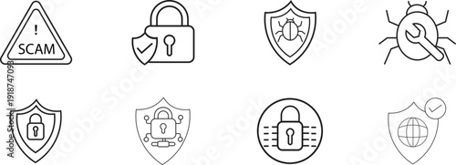 Cybersecurity and Scam Protection Line Icons Set with Shield Lock, Bug Fix, Data Security and Fraud Alert, Transparent Background.