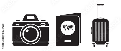 Travel icons camera passport luggage on white background