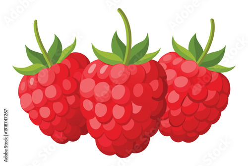 Three ripe red raspberries with green leaves