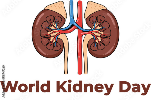 World KidnMedical illustration of human kidneys urinary system with blood vessels promoting kidney health awareness campaign designey Day