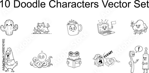 Funny doodle vector set with cute animals and objects in outline style. Minimal line art, playful expressions,