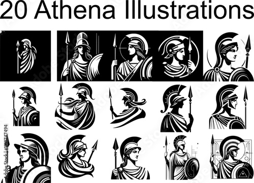 Vector set of 20 Athena, suitable for mythology education, textbooks, posters, learning apps, games, and cultural design projects.