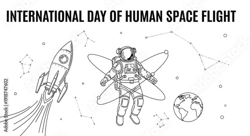 Astronaut and Rocket Celebrating International Day of Human Space Flight