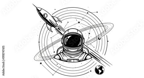 Astronaut and Rocket in Space with Planets and Stars - Vector Illustration
