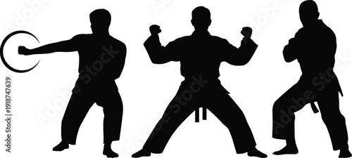 Karate Fighter Silhouettes Collection, Male Martial Artist Punching and Fighting Poses Isolated on White Background Vector Illustration