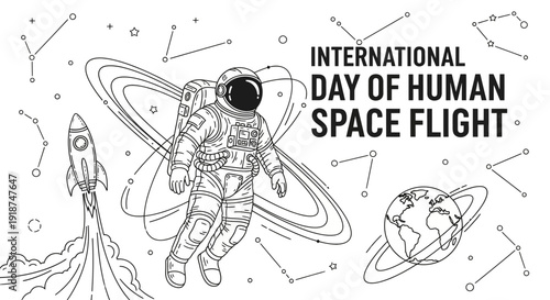 Astronaut Celebrating International Day of Human Space Flight with Rocket and Earth