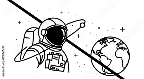 Astronaut exploring Earth orbit, minimalist line art, space exploration concept